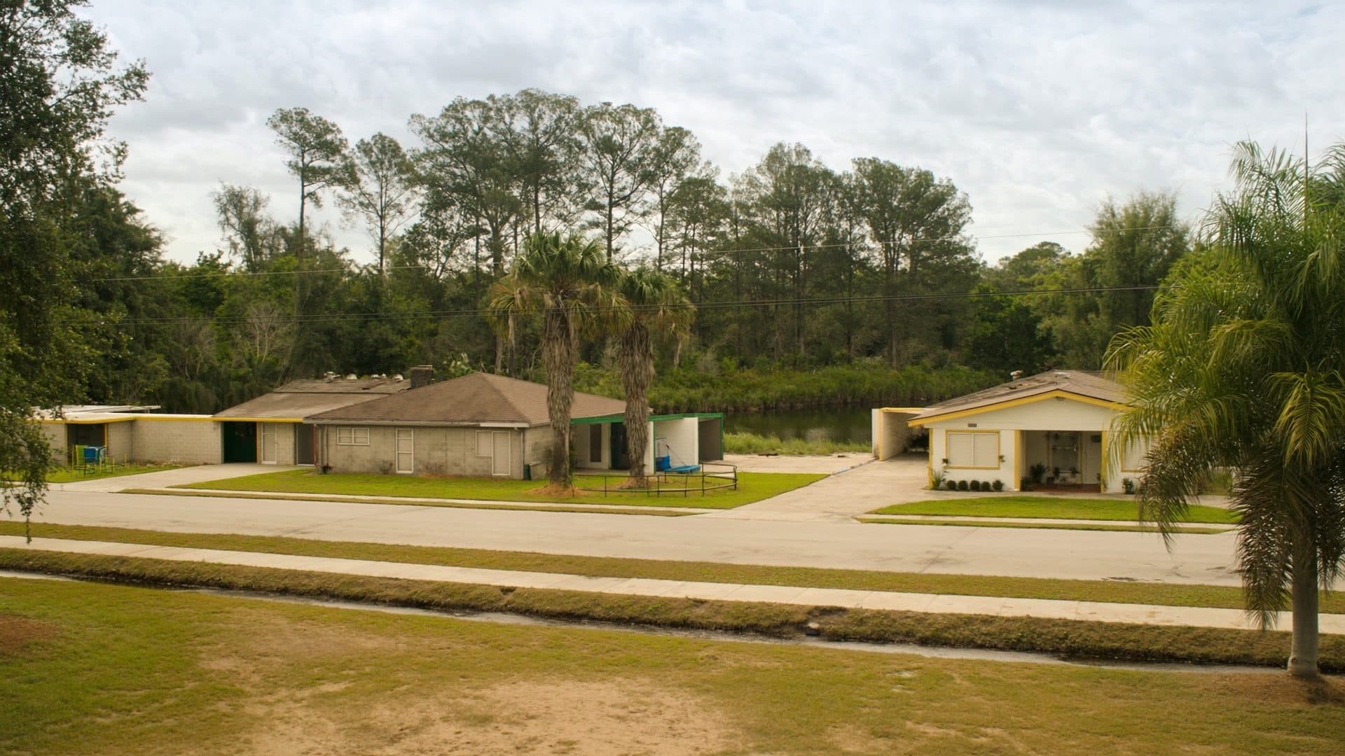 Single story concrete block ranch homes on large lots in Deltona, Florida, with sandy soil, slash pines and saw palmetto between the properties.