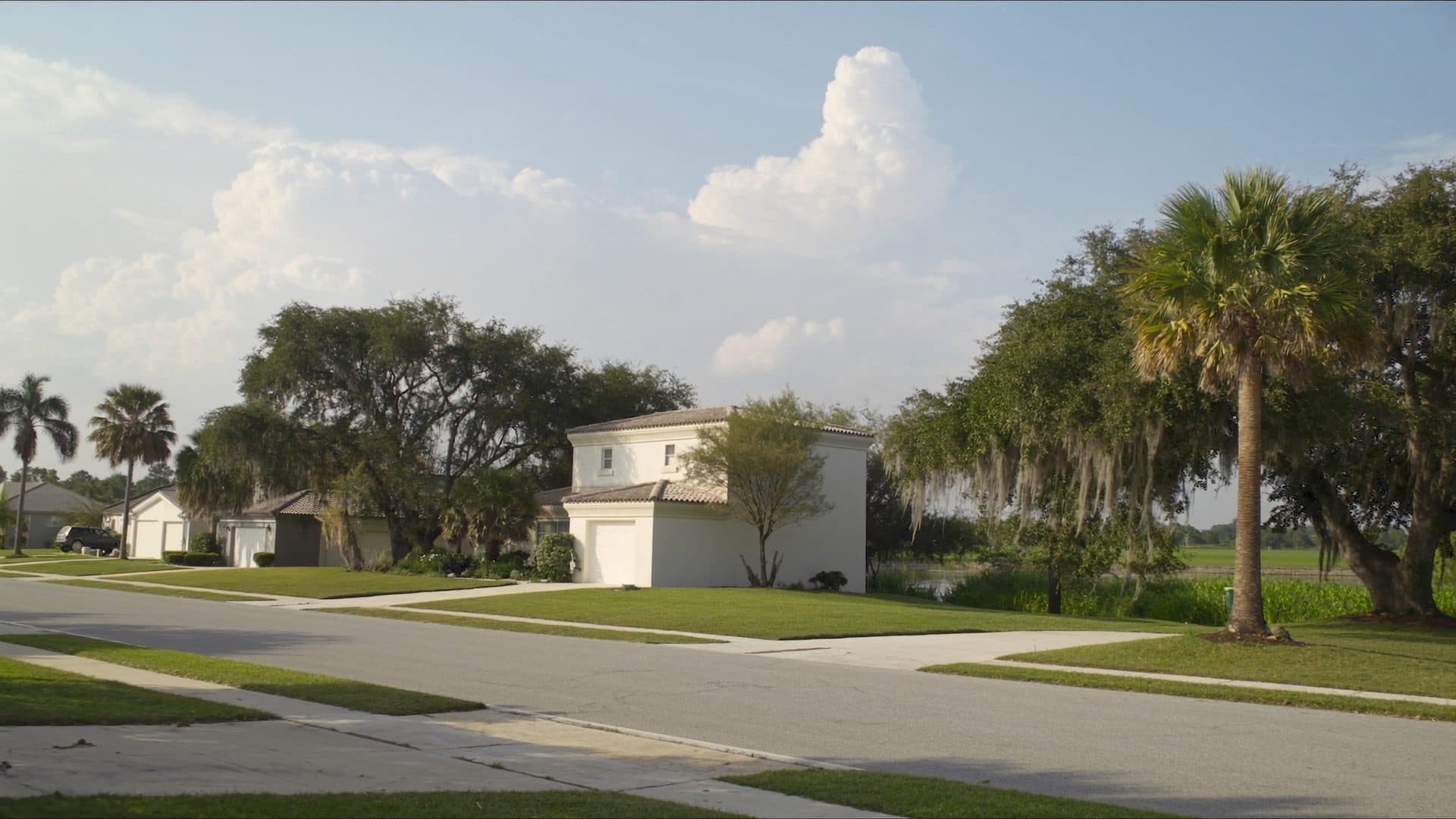 Residential street in a Lake Mary, Florida neighborhood, with live oak trees draped in Spanish moss, sabal palms, and a stormwater retention pond behind stucco homes with tile roofs.