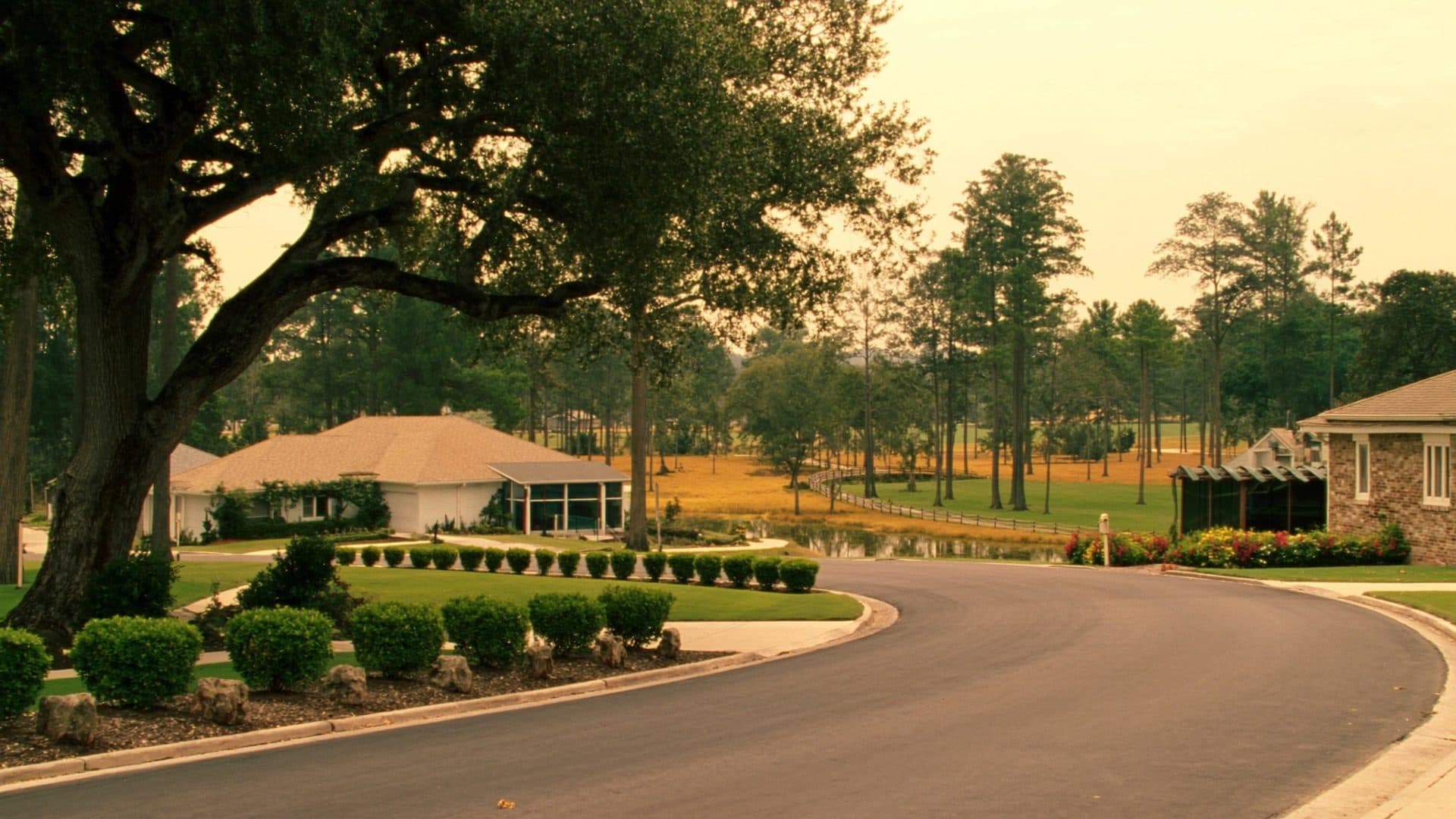 Curving street in a Winter Springs, Florida golf course community, with single story homes backing onto a cypress fringed wetland and open fairway.